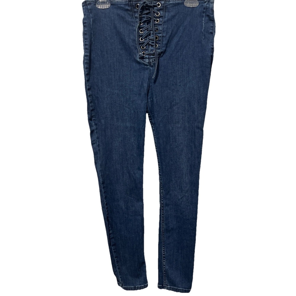 FREE PEOPLE Lace Tie Up Jeans 31 Blue Jegging High Waisted Super Skinny Pants
